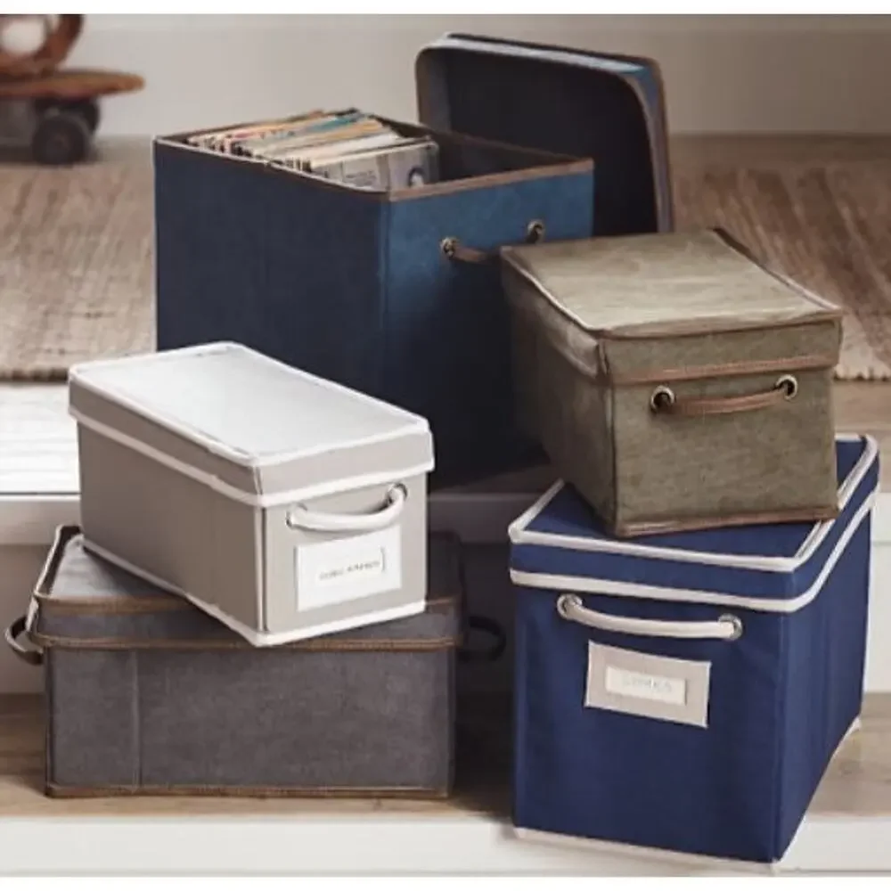 New Pottery Barn Canvas Storage Bin & Lid Blue 13x7x6